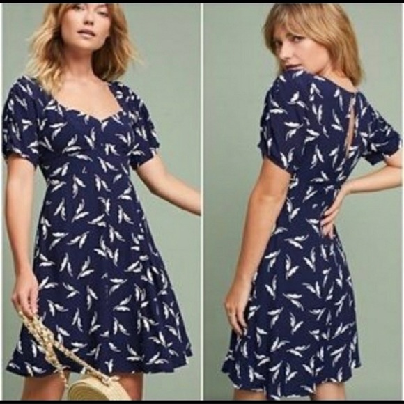 Anthropologie Dresses & Skirts - Anthropologie Maeve navy blue leaf print sweetheart dress size 6